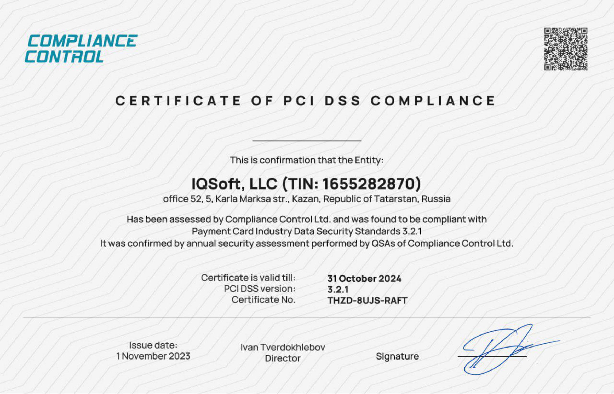 Certificate of PCI DSS compliance